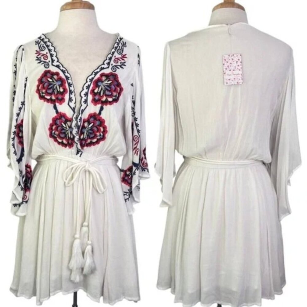 Free People Cora Deep V-Neck Mini Dress Women's Small White Embroidered Bohemian